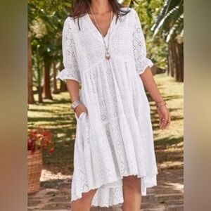Sundance White Oversized V Neck Jasmin Eyelet Dress Size PXS